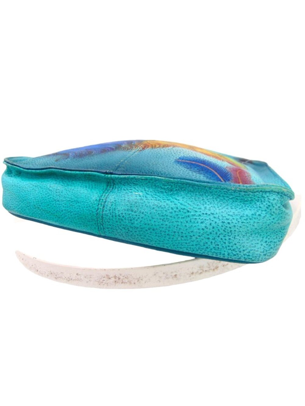 Anuschka Leather Crossbody Purse Wallet Teal Blue Feather Peacock Hand Painted - Picture 12 of 16